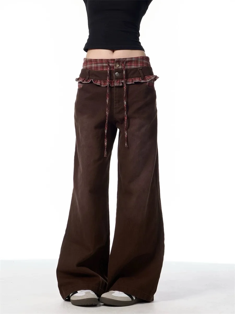 Mujer y2k Vintage Streetwear estilo marrón a cuadros empalmado pierna ancha pantalones vaqueros holgados japonés 2000s Harajuku moda pantalones vaqueros