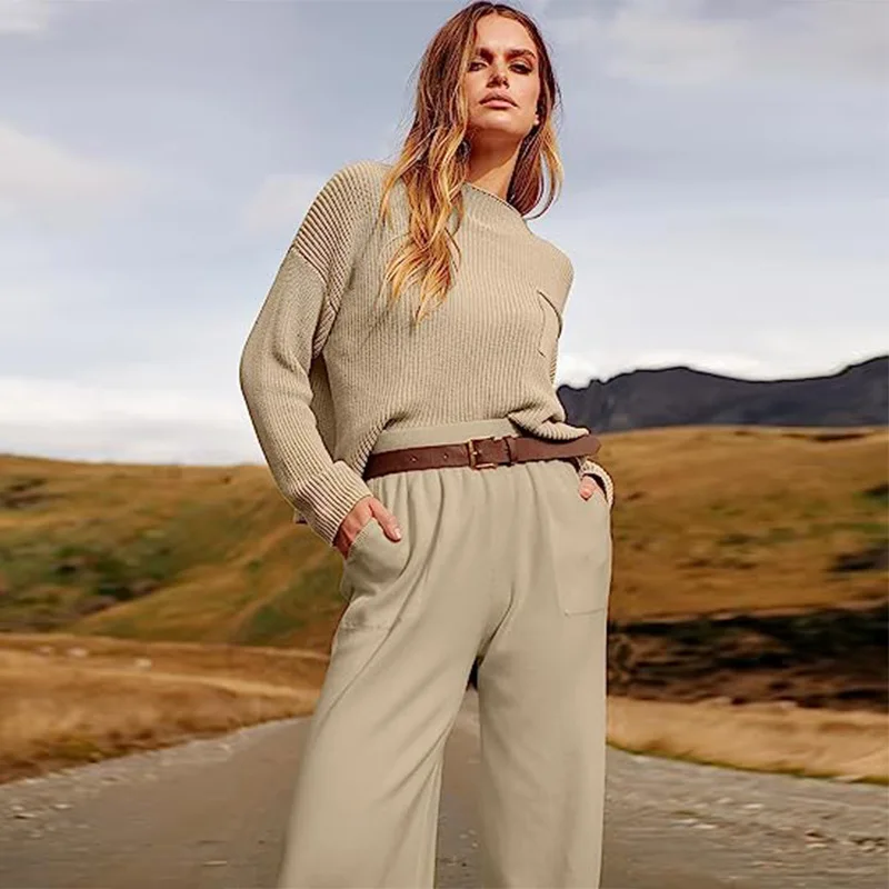 Kantoor Dames Casual Stijl Gebreide Trui 2025, Herfst Dames Pocket Splicing Ontwerp Losse Trui Top Dameskleding