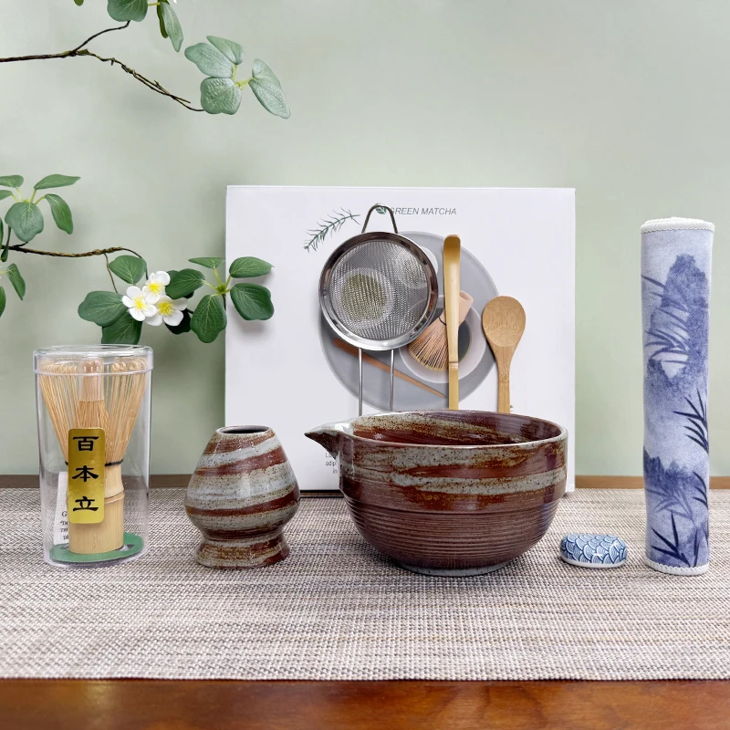 

Traditional Matcha Tea Ceremony Kit (8 Pieces) Ceramic Spout Tea Bowl Bamboo Whisk & Scoop Tea Towel Matcha Set for Home Brewing
