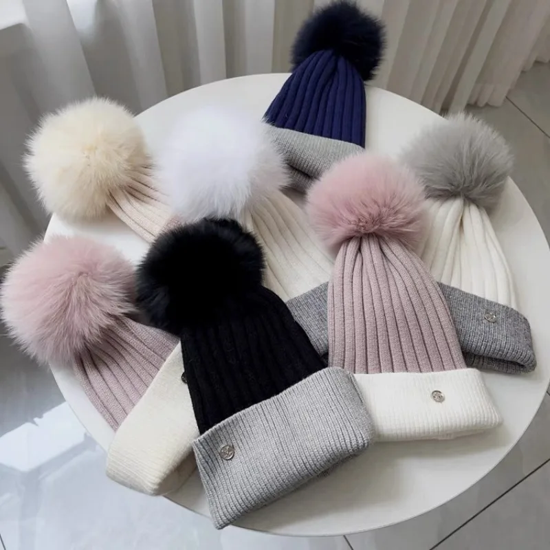 Natural fox Fur Pom Pom Beanies Winter Children Women Mink Pompoms Kids Parent-child Fashion Warm Ear Protection Wool Knit Hat