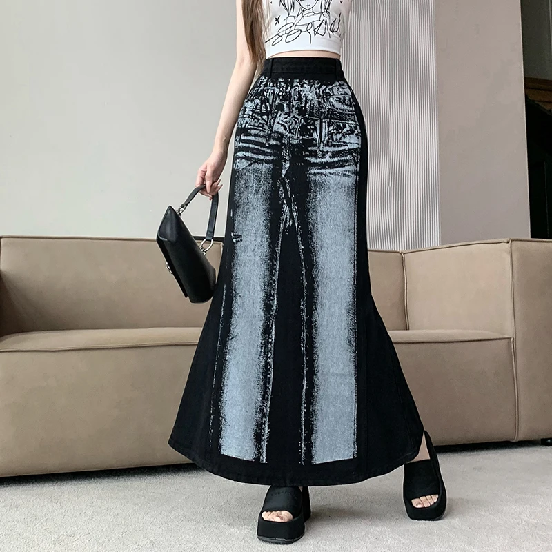 

Vintage Tie Dye Women's Casual High Waist Denim Skirt Side Zipper Fashion Mermaid Skirts Fashion Fish Tail Midi Jean Skirts