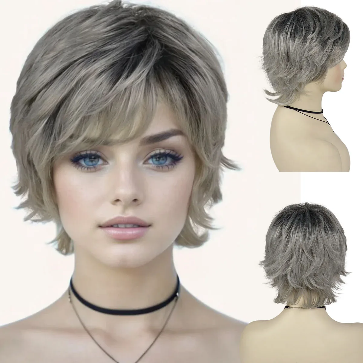 Synthetic Ombre Grey Wigs for Women Short Pixie Cuts Haircuts Natural Wigs for Mother Old Lady Wig Curly Granny Wigs Cosplay