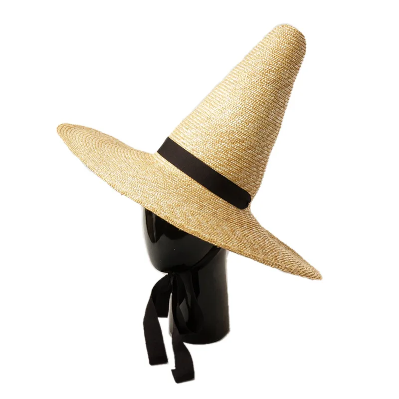 Retro Pointed High Top Straw Sun Hat With Straps Hand Woven Wizard Witch Cap Fashion Fadora Hat Men Women Halloween Accessory