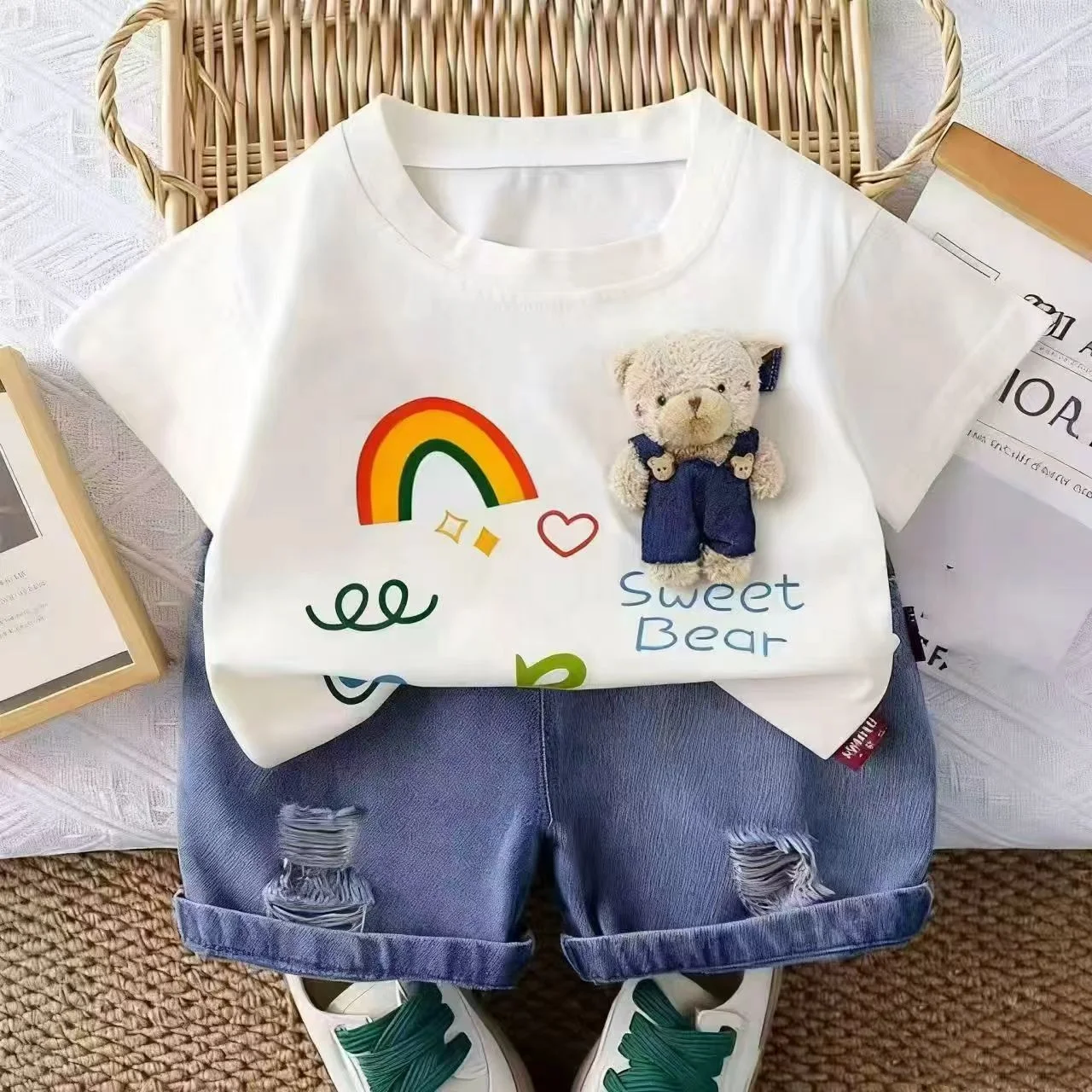 Toddler Baby Boys 2Pcs Summer Outfit 3D Plush Bear Rainbow Print T Shirt Ripped Roll Cuff Denim Shorts Daily Clothes Set