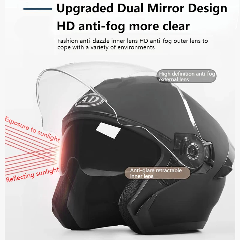 AD Man\'s Motorcycle Helmet HD Anti-fog Double Lens Helmet 3C Certified Moto Cycling Open Face Helmet 55-60CM Safety Cap