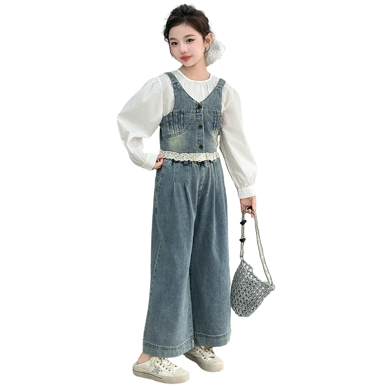 spring teen girl Lace denim 3 piece clothes set Design denim vest+white shirt+Wide leg jeans junior kids suit child outfits 4-14