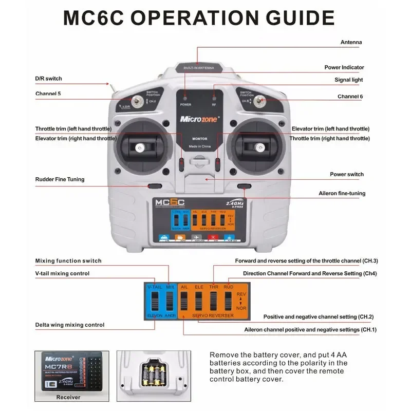 Microzone Mc6c 2.4g 6ch nadajnik kontrolera odbiornik System radiowy do samolotu drona wielowirnikowego helikoptera łodzi samochodowej