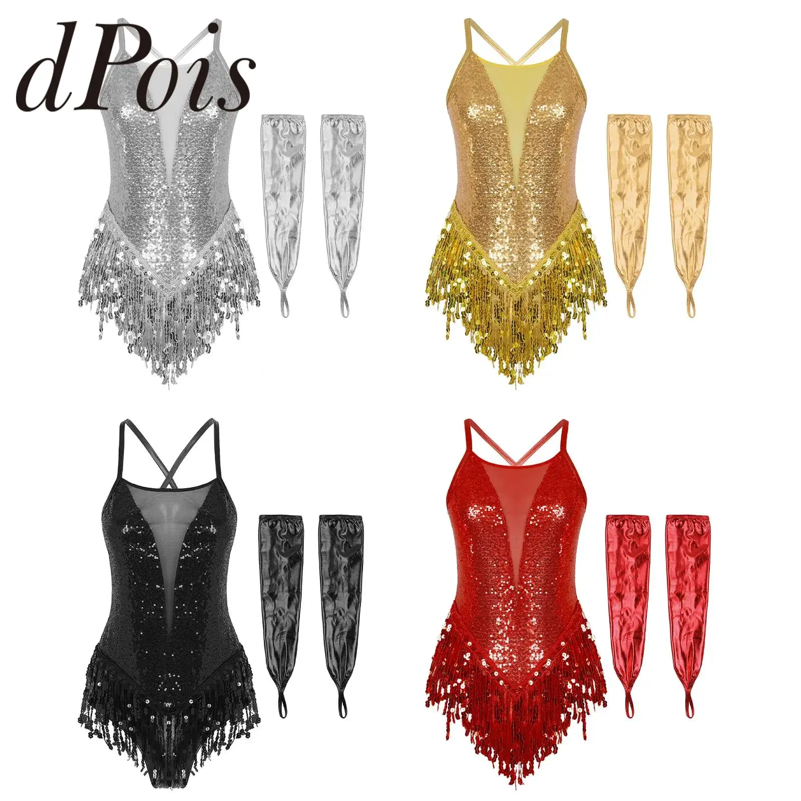 Latin Dance Outfits For Women Fringe Jumpsuit Tassel Bodysuit Cocktail Party Dress Tango Salsa Ballroom Leotard With Gloves