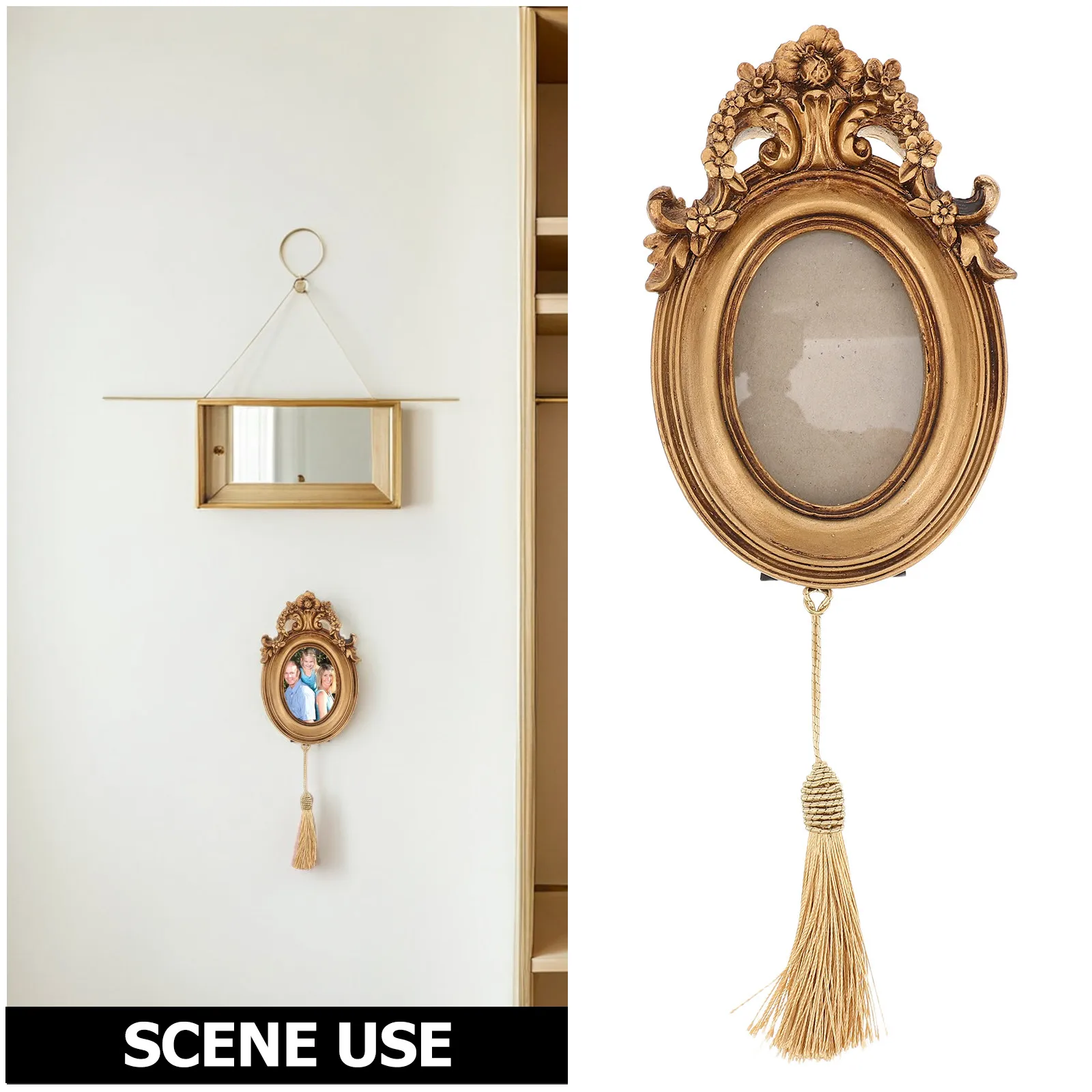 Mini Vintage Resin Small Oval Picture Frame Tassel Embossed Retro European Wall Hanging Decorative Photo Frame Small Hanging