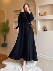 Temperament Commuter Women Muslim Dress Lantern Sleeve Round Neck Loose Comfortable Elastic Waist A-Line Female Trendy Dresses