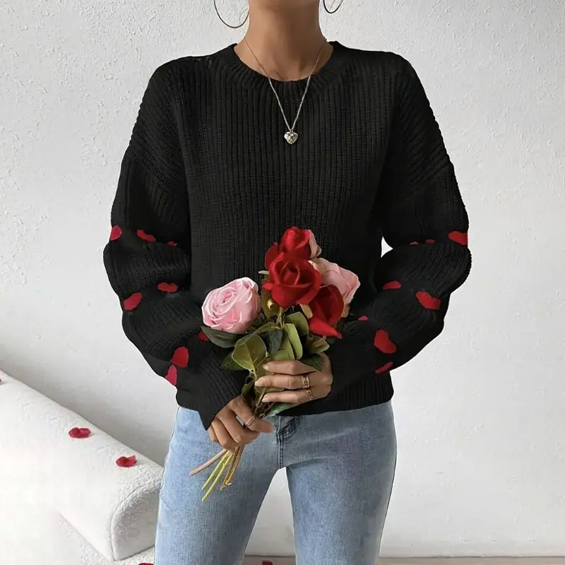 

Pure Color Loose Heart-shaped Jacquard Knitted Pullover with Round Neck and Flared Sleeves for Autumn and Winter