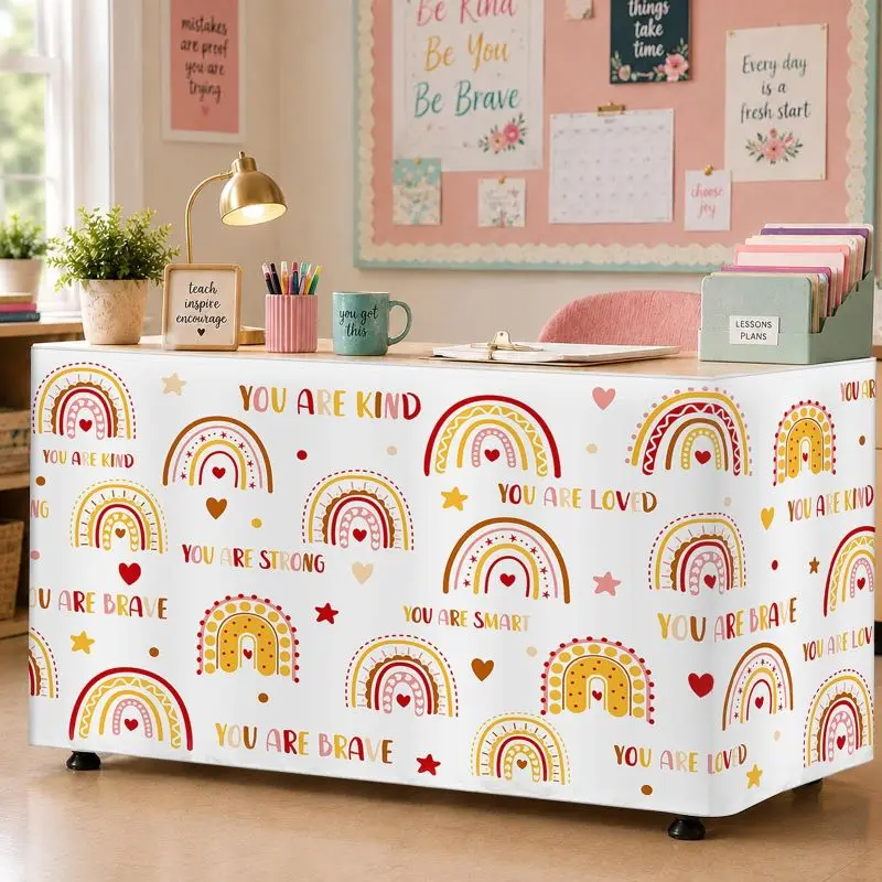 VIKAMA Boho Rainbow Positive Quote Table Skirt Hook and Loop Desk Cover Inspirational Teacher Classroom Study Table Decor