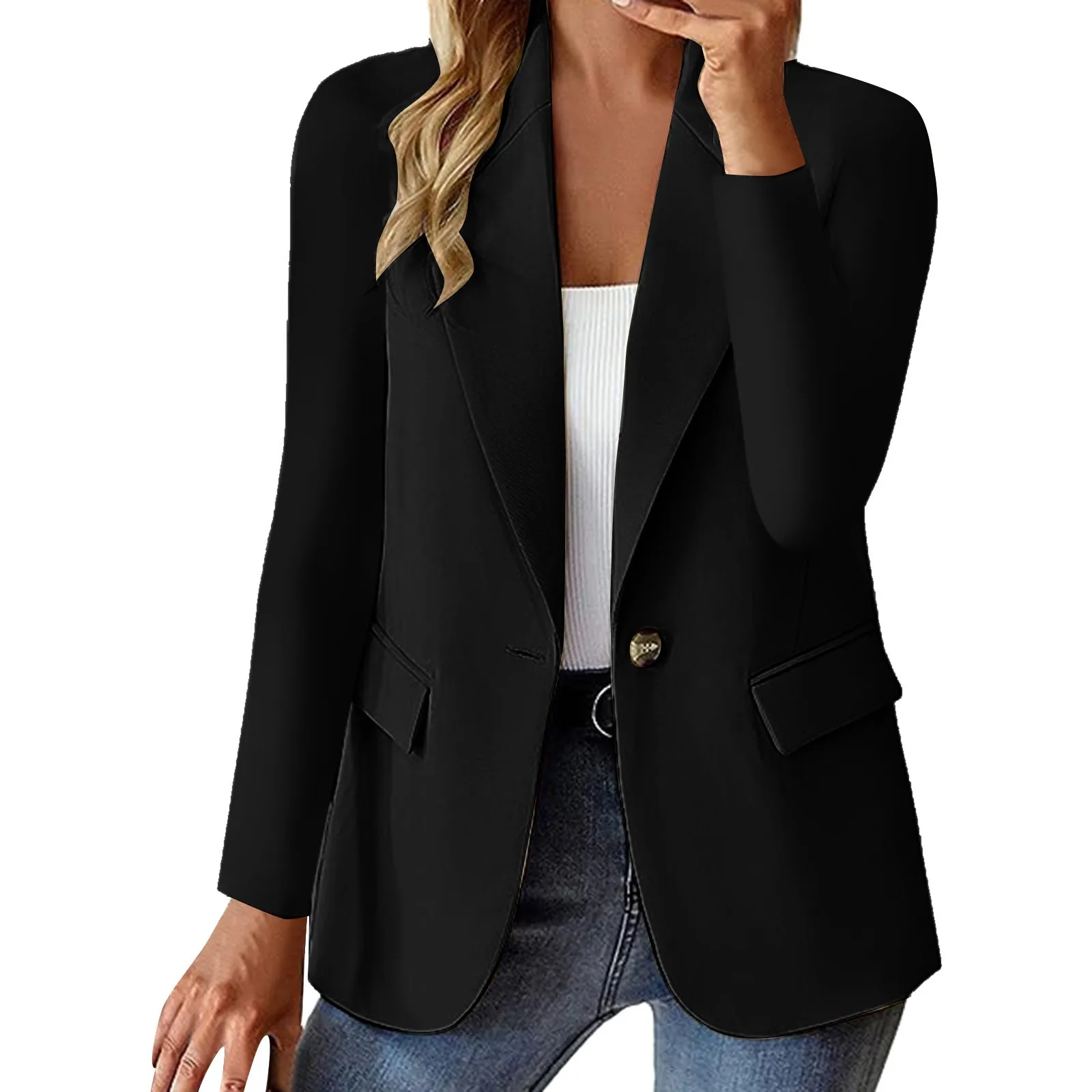 Temperament Woman Clothing Solid Color Cardigan Single Button New In Coats Casual Lapel Long Sleeve With Pockets Beat Jacket