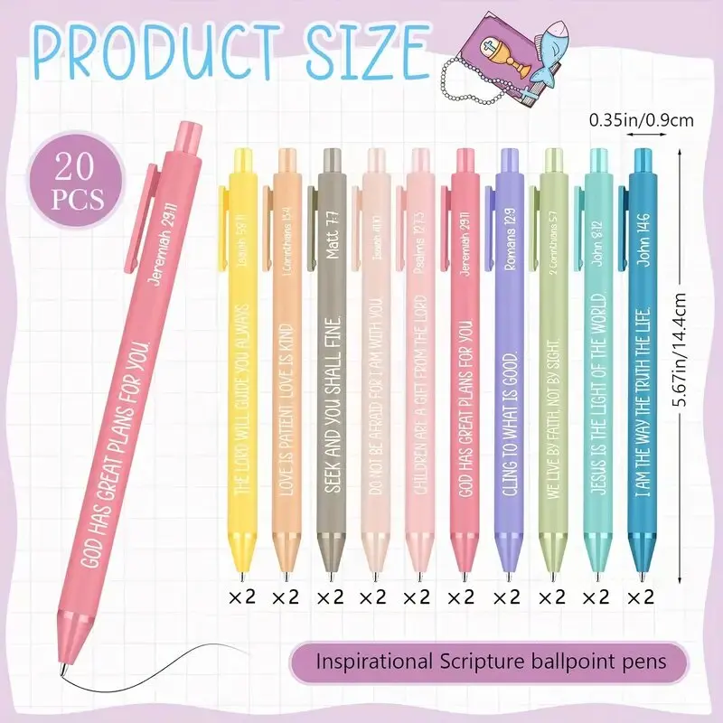 20 Pcs Colorful Sunday School Christian Pens Bible Scripture Religious Ink Ballpoint Pen for Students Office Church Supplies