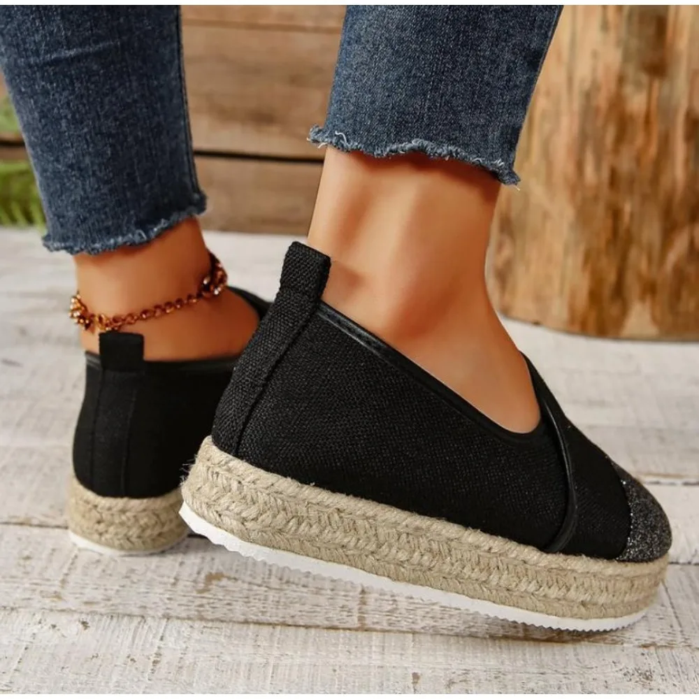 Leisure Women's Weave Loafers Non Slip Flat Round Toe Breathable Slip On Ladies Flats Women Thick Platform Lazy Canvas Shoes