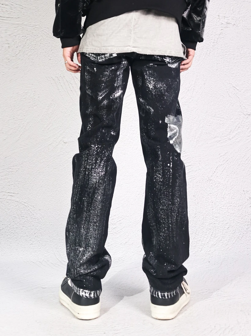 Hand-brushed Wax Coating Deconstructed Stretch Wash Jeans High Street Hip Hop Vintage Pants For Men