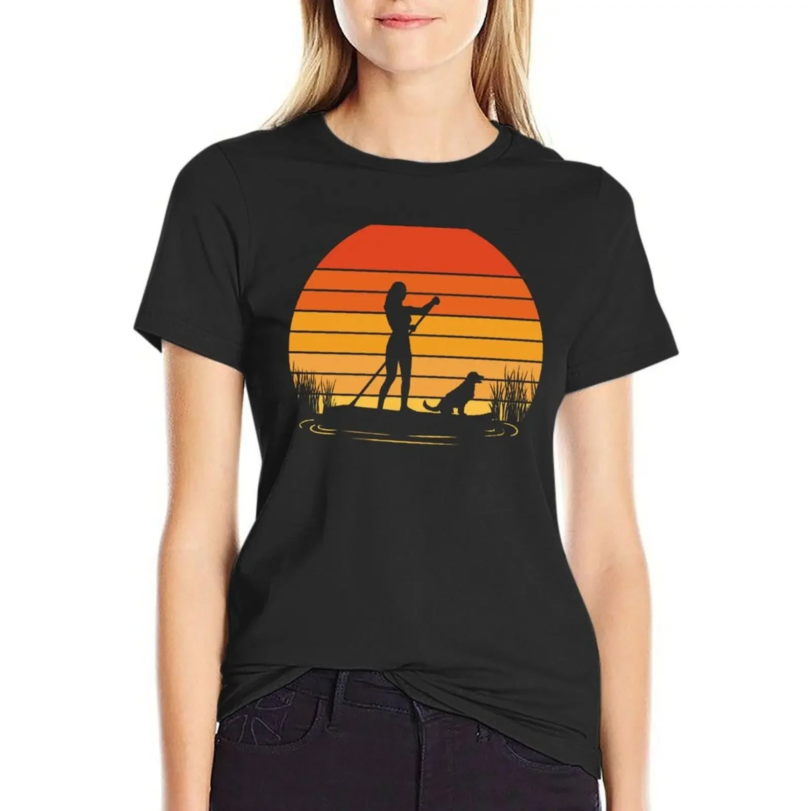 

Retro Stand Up Paddle Dog And Girl T-Shirt blanks heavyweights cute tops customs Women's summer blouses 2025