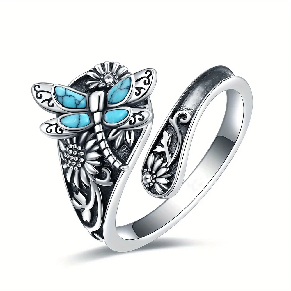 خاتم زهرة عتيق 925 فضة اليعسوب الأزرق أوبال مفتوح قابل للتعديل خواتم للنساء مجوهرات الزفاف هدايا جديد