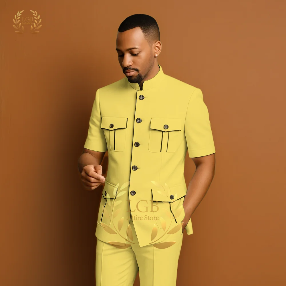 

Мужской костюм-двойка, воротник-стойка с несколькими карманами, желтый стиль, включая куртку и брюки, деловые и повседневные мероприятия