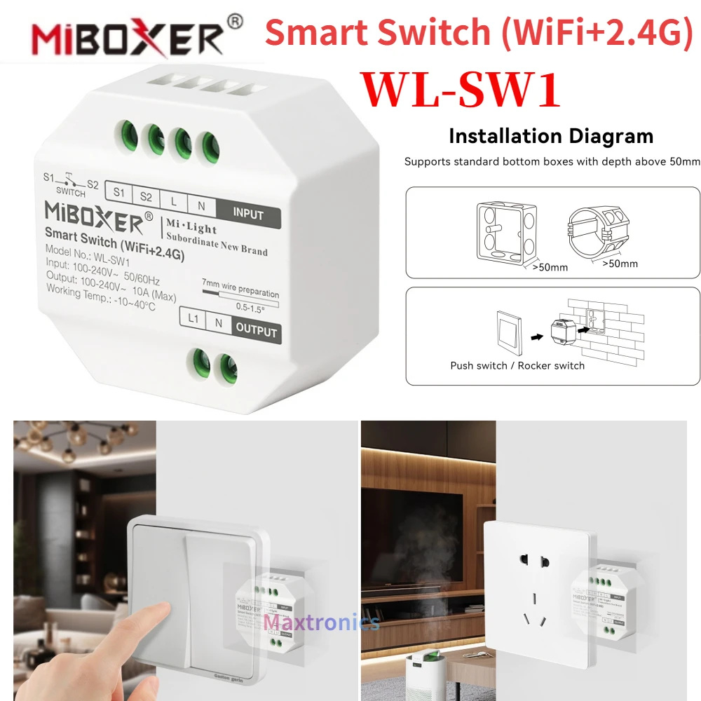 WL-SW1 MiBoxer Smart Switch (WiFi+2.4G) LED Controller RF Push Dimmer AC100-240V Tuya App /Voice /Remote Control/Timmer Function