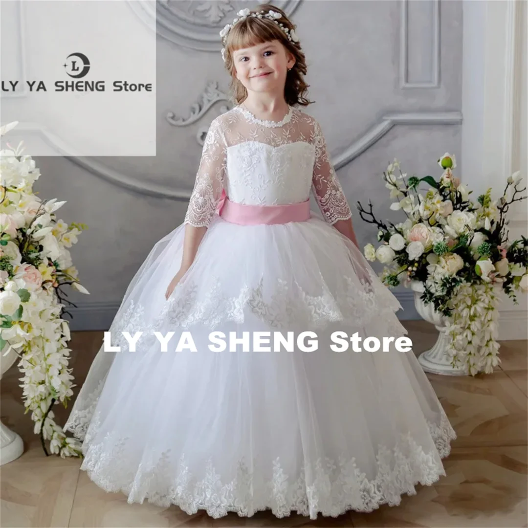 White Flower Girl Dresses Tulle Lace Appliques With Pink Bow Half Sleeve For Wedding Birthday Party First Communion Gowns