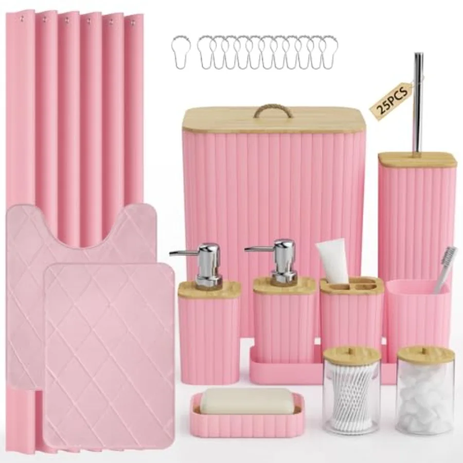 

Bathroom Accessory Set - 25PC Bathroom Sets with Shower Curtain and Rugs, Pink Bathroom Set, Bathroom Accessories Set, Shower C