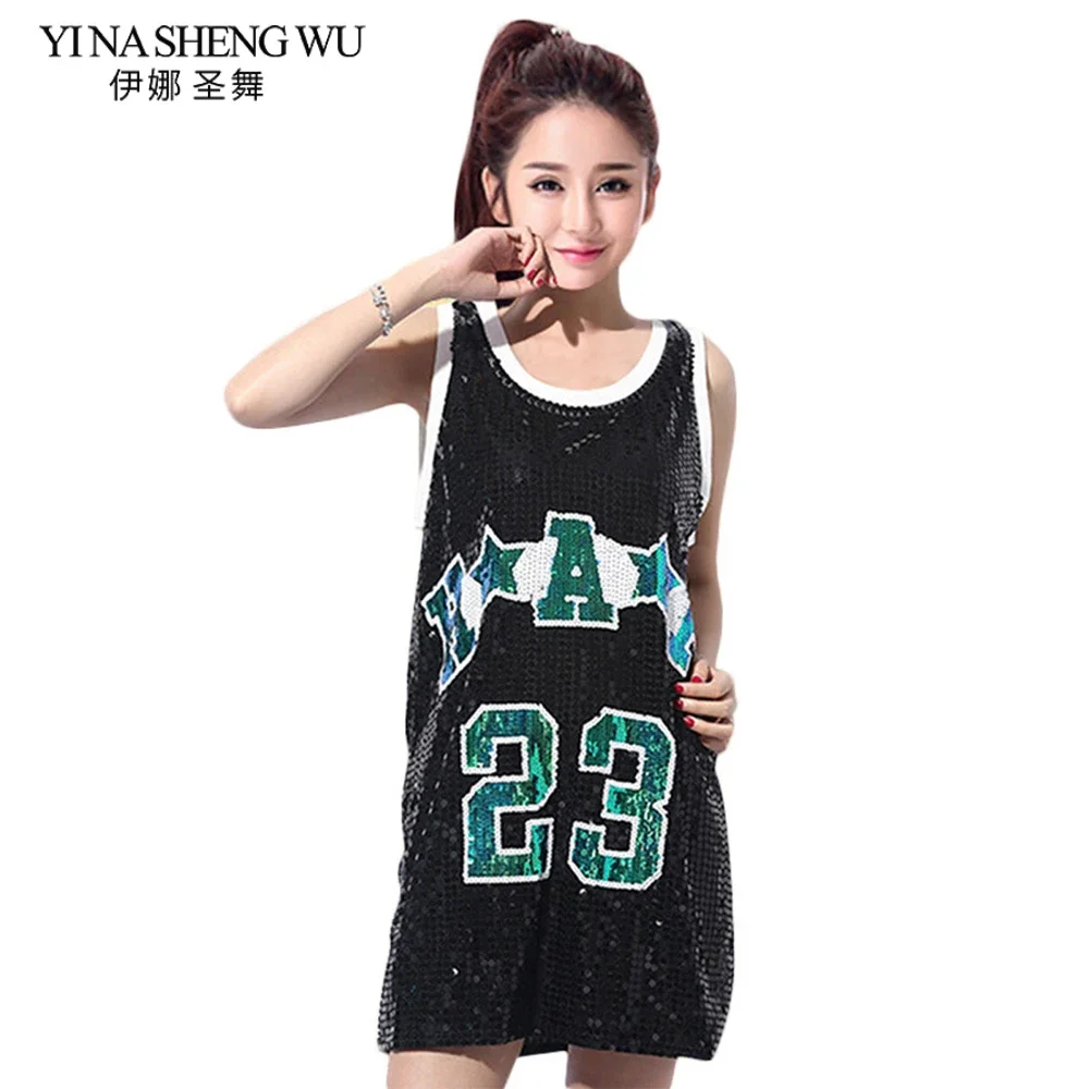 

Новая женская длинная футболка, повседневный костюм с блестками для джазового танца, костюм для современного танца, хип-хоп, DS, мини-платье для выступлений