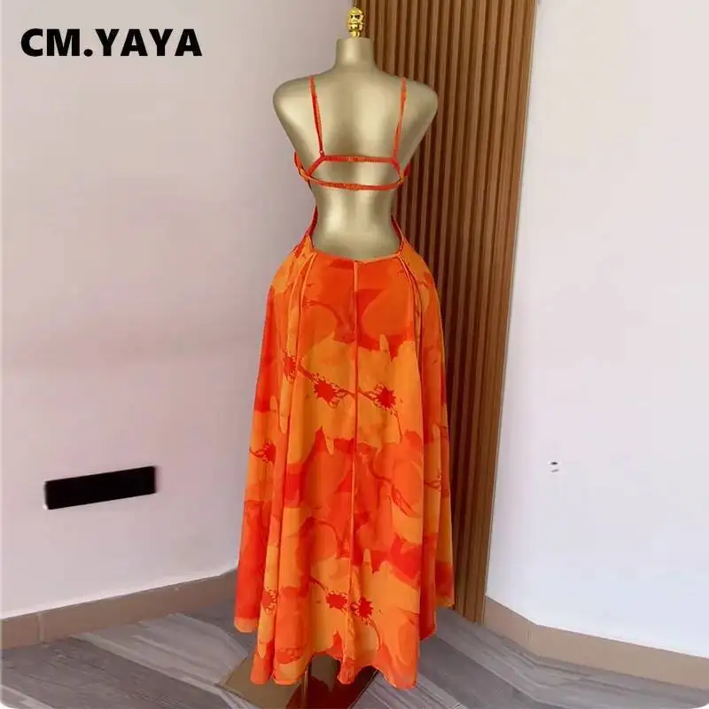 CM.YAYA Women Floral Printed Strap Backless Bra Front Big Swing Maxi Long Dress 2025 Vintage Sexy Club Party Evening Dresses