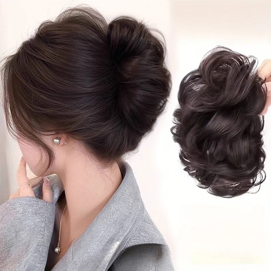 Synthetic Messy Bun Hair Piece Claw Clip Ponytail Extensions Scrunchie-style Lazy Flower Bud Bun Chignon Wavy Curly Ponytail