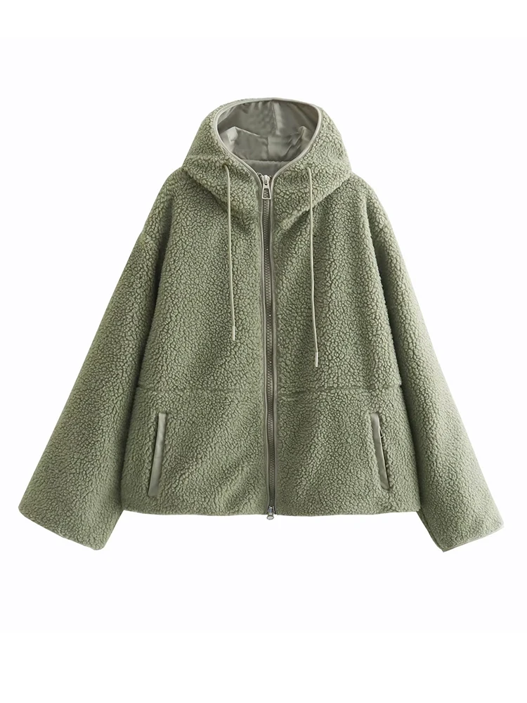 

YENKYE New Women Hooded Lambswool Coat Long Sleeve Female Autumn Winter Loose Warm Outerwear