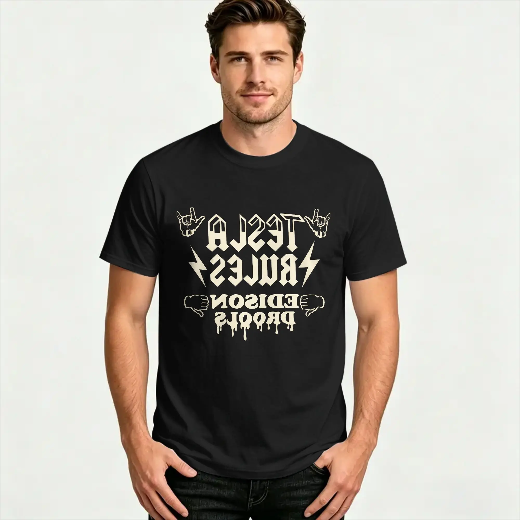 Summer Tesla Rules Edison Drools Trendy Cool T Shirts  Cotton Tshirt for Men Y2K Funny Custom Logo Short Sleeve Tops
