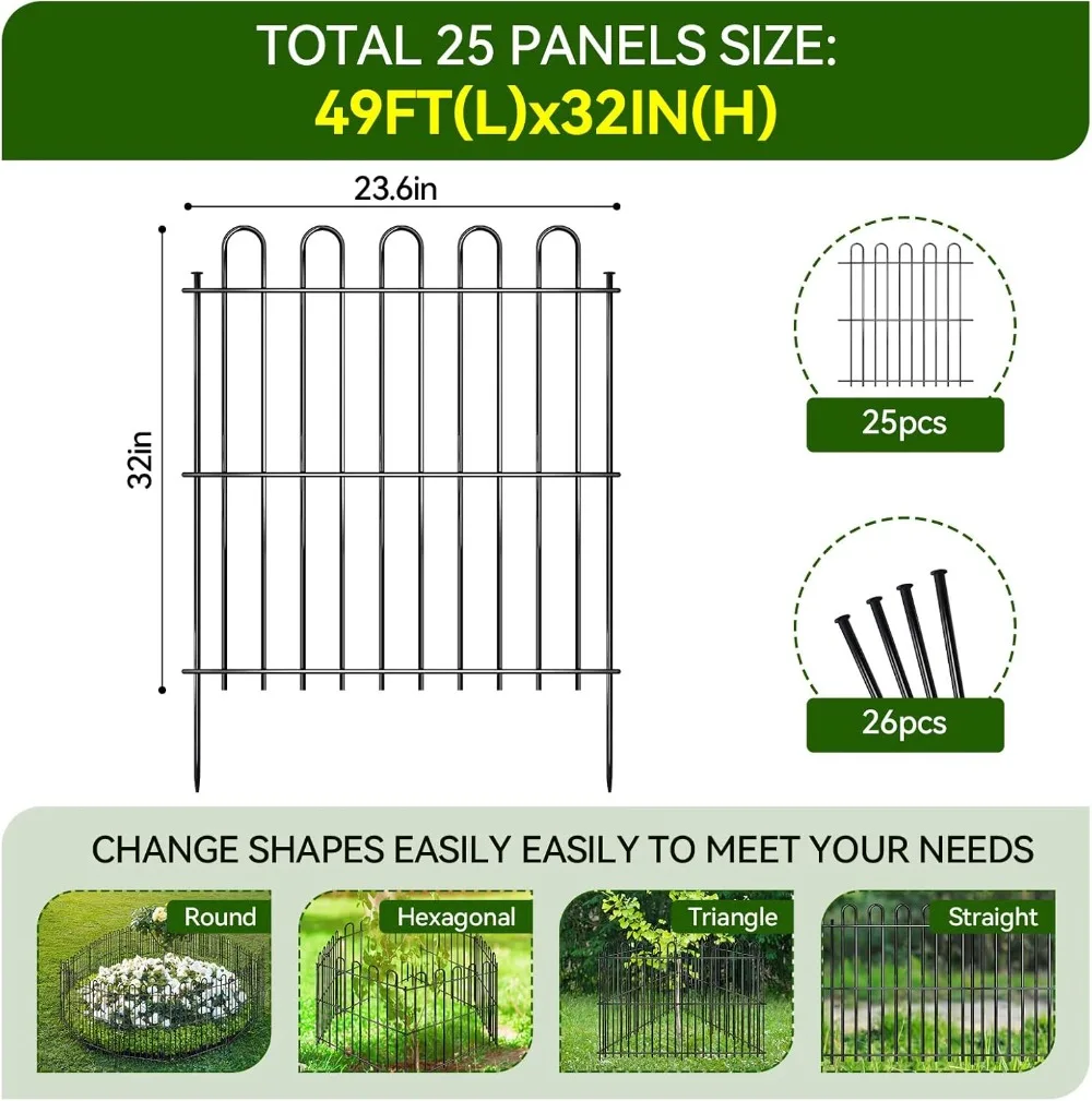 

25 Panels Rustproof Metal Garden Fence, 50ft X 32in No Dig Animal Barrier for Outdoor Yard Decor