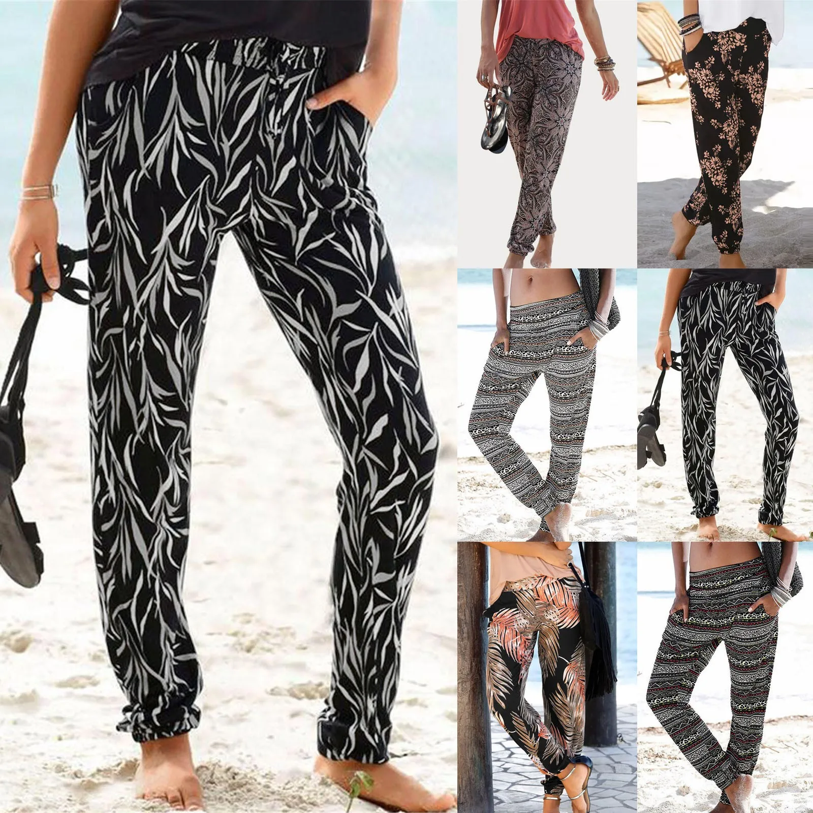 

Casual Boho Style Pants 2024 Women High Waist Printing Trousers Loose Casual Beach Track Pants With Pockets Leisure Fit Wear