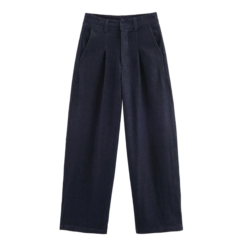 2025New Autumn European and American Style Loose Casual Series Dark Blue Pleated Jeans