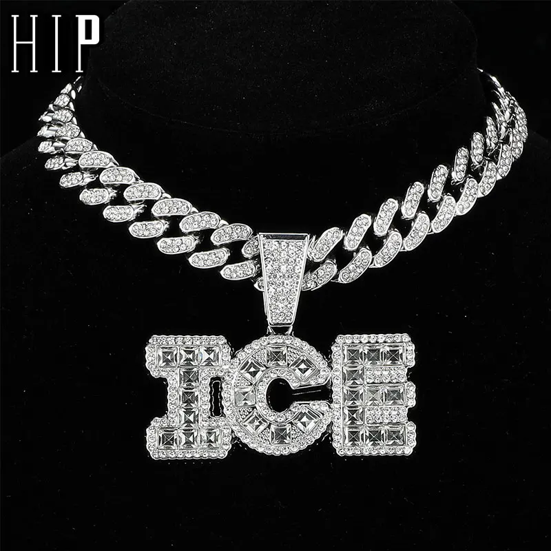 HIP Iced Out Letters ICE Pendants With 13mm Cuban Link Chain Rhinestone Necklaces For Men's Women Rapper Jewelry