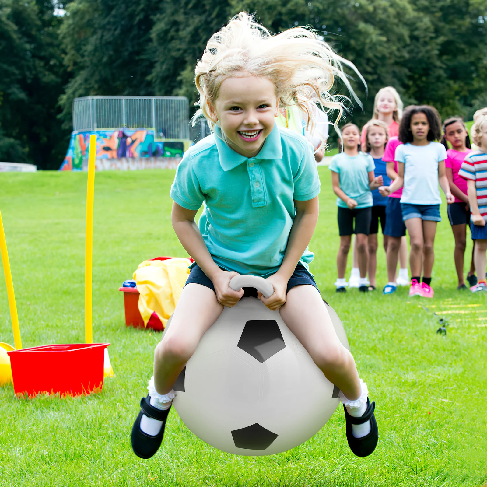 

Jumping Ball 45CM Kids Toys Bouncy Ball Children Elastic Handle PVC Creative Outdoor Fitness Training