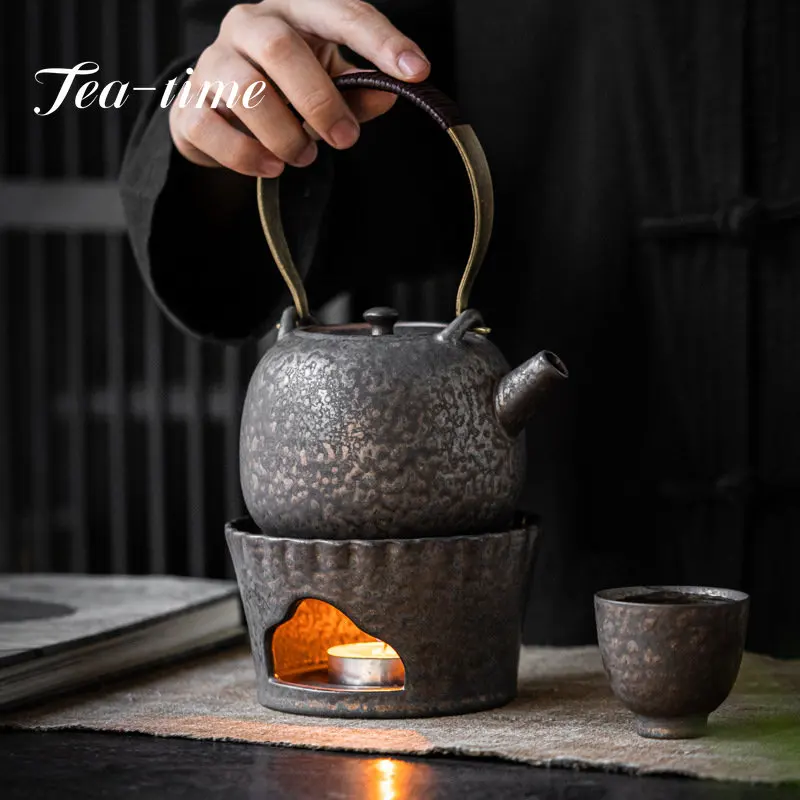 Retro Rough Pottery Rust Ceramic Lifting Beam Pot Warm Tea Stove Heat-resistant Base Tea Set Candle Tea Maker Cooking Kettle Set