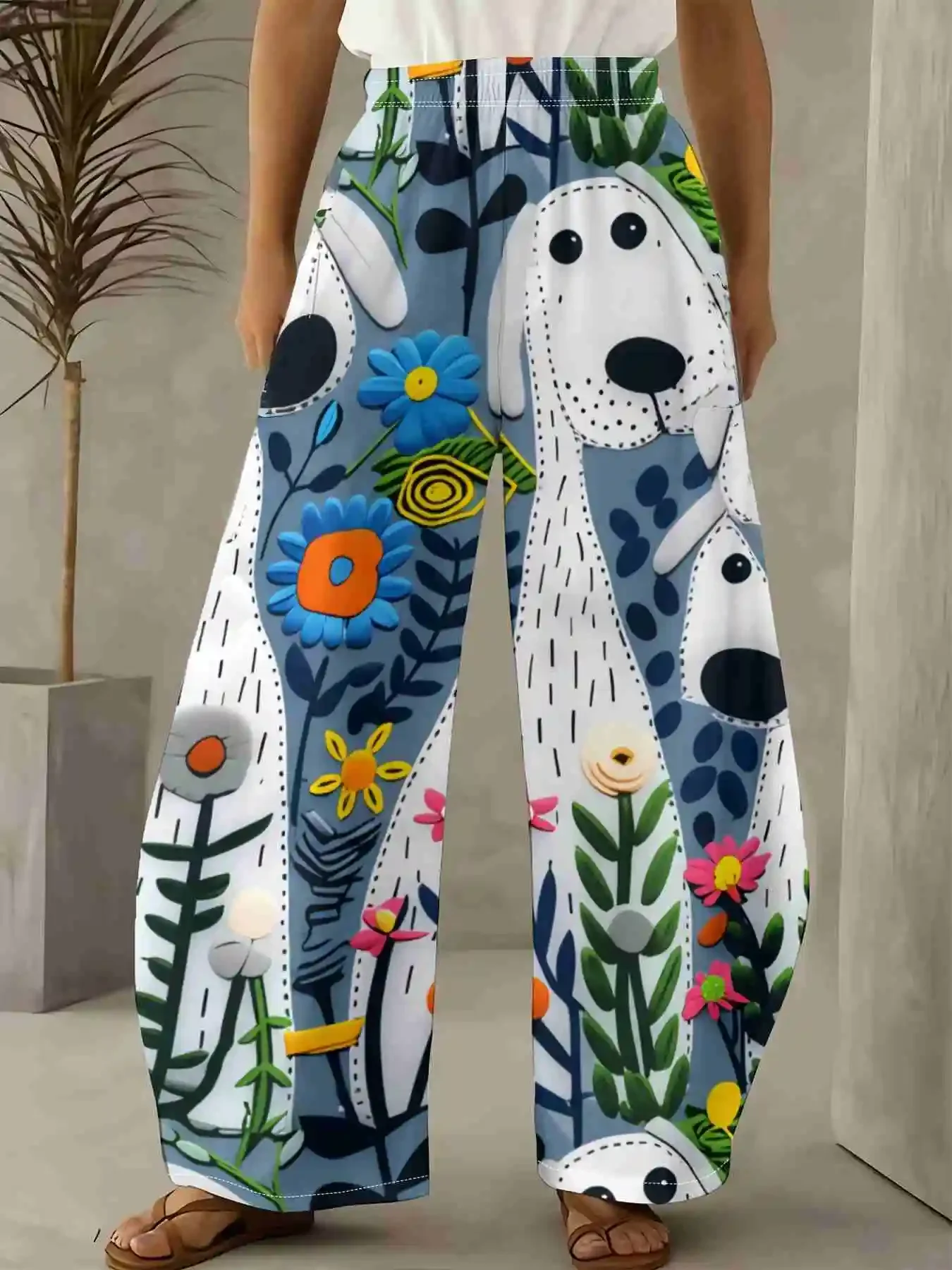 2026 Summer Kids & Women's 3D Effect Cartoon Dog & Floral Print Pants Quick Dry Elastic Casual Loose Fit Loungewear Trousers