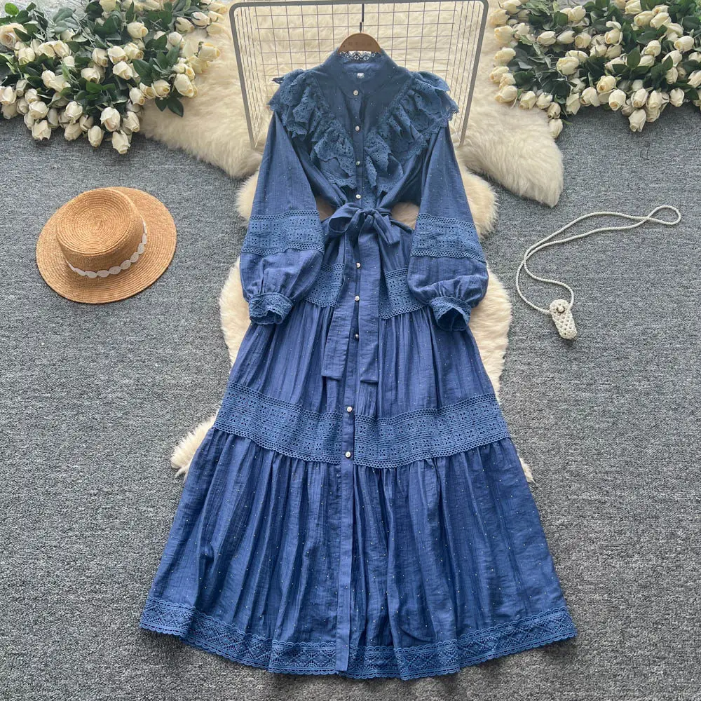 

Новое женское длинное платье-рубашка в этническом стиле на весну-осень, свободного кроя, с кружевными вставками, на пуговицах, D132