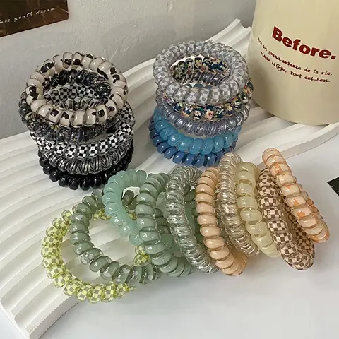 5pcs 세트 전화 코드 Scrunchies 나선형 헤어 넥타이 그라디언트 색상 체크 무늬 인쇄 전화 코드 탄성 헤어 밴드 헤어 액세서리