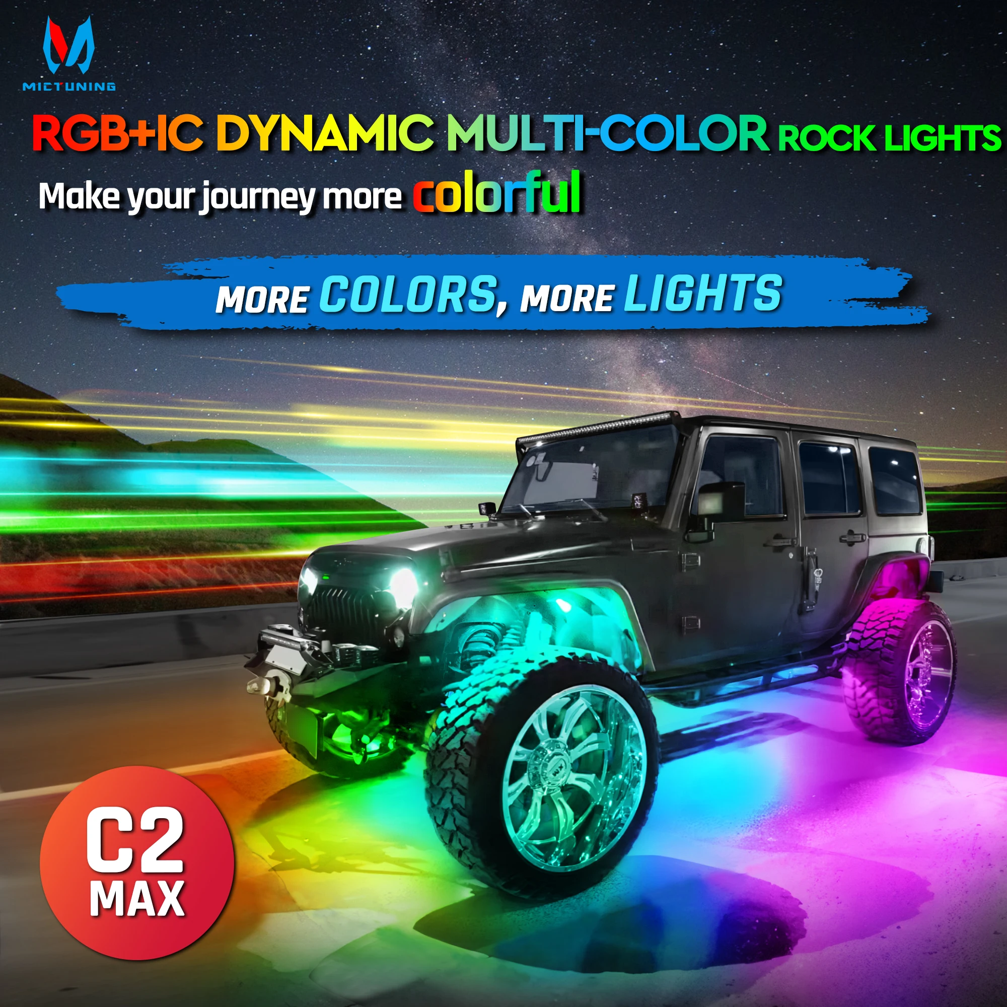 MICTUNING C2 Extensible RGB+IC LED Rock Lights Kit, 8 Pods Underglow Lighting Kit with Wireless Bluetooth APP Control