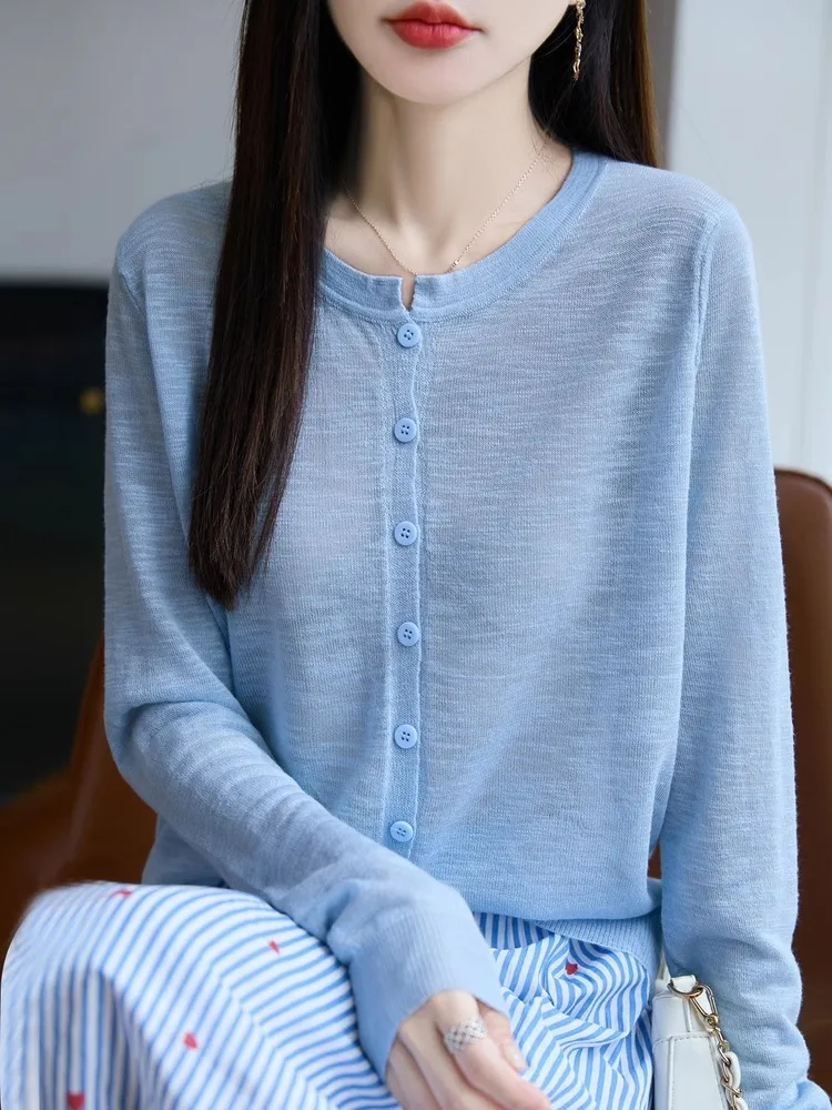 

Summer Bamboo Rayon Long Sve round Ne Knitted Open Cardigan Women's Outerwear Thin Air Conditioning Sun Protection Top