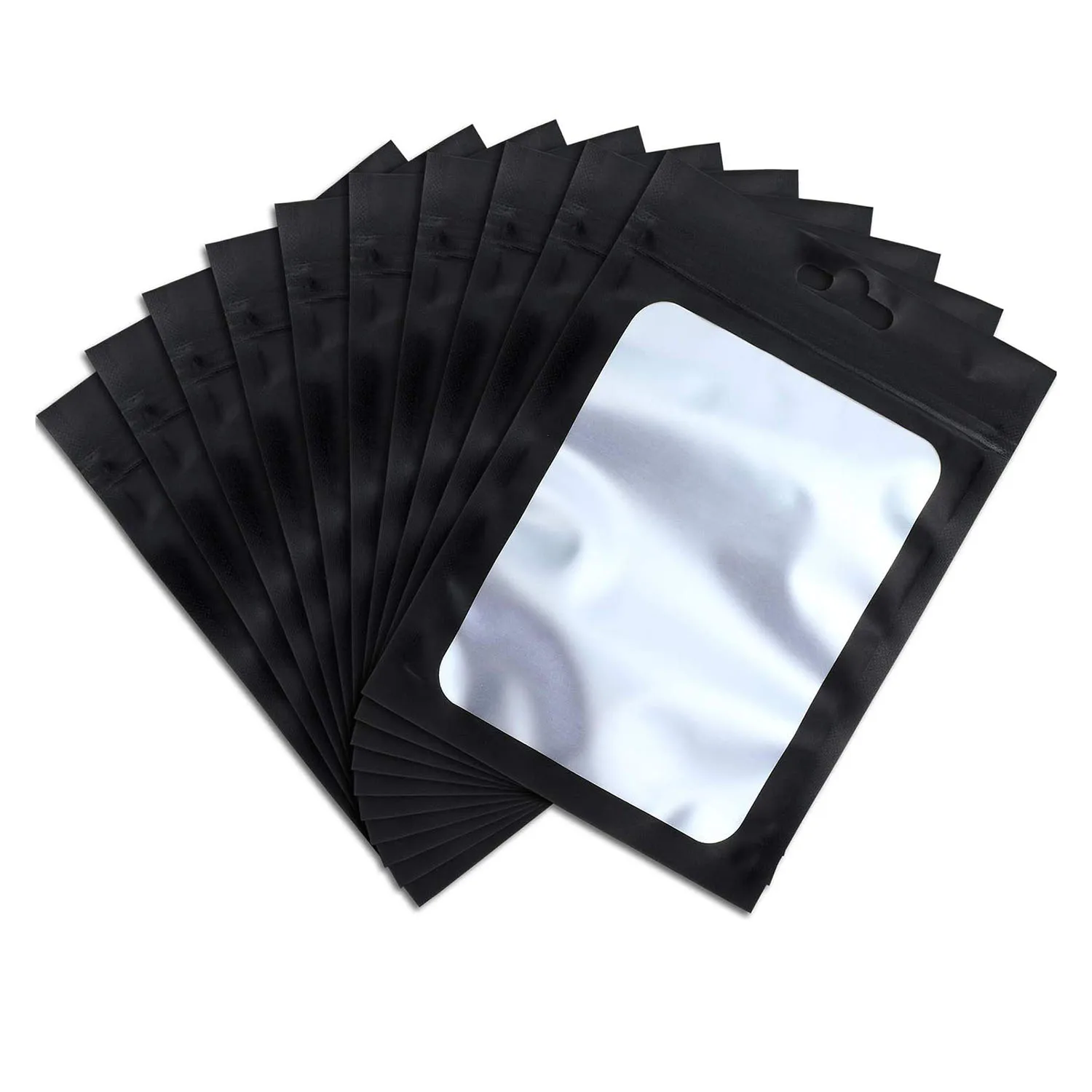 50pcs Black Foil Pouch Reusable Self Sealing Mylar Bag Ziplock Hang Bags with Clear Window for Diy Jewelry Display Packaging