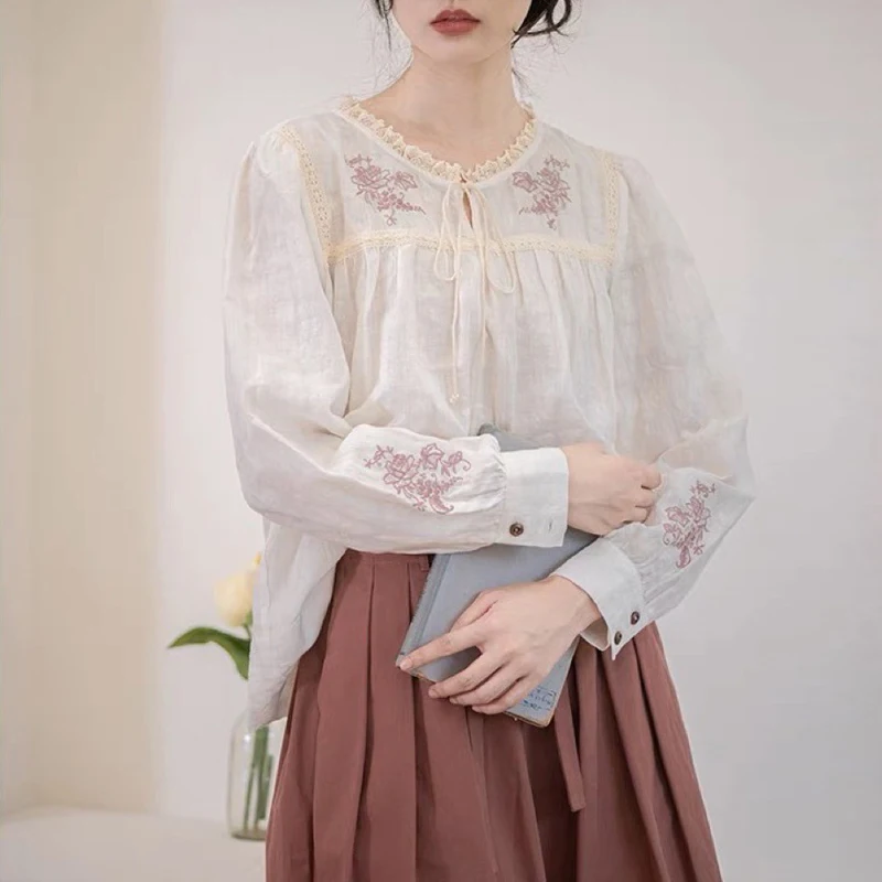 Johnature Mori Vintage Linen Embroidered Lace-up Women Blouses Tops Casual Loose Simple Ruffles Tie Shirts 2024 Autumn