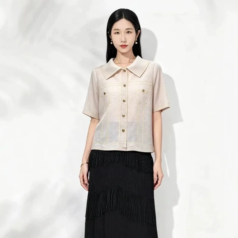 Miyake Pleated 2026 Design Short Sleeve Denim Shirt Jacket for Women Summer New Loose Casual Versatile Short Button-Up Top Pleat
