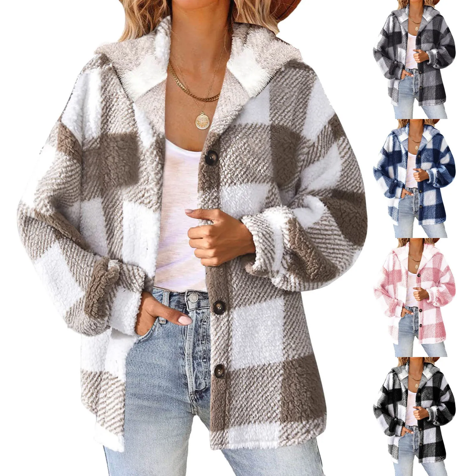 Plaid Color Match Hooded Jacket Women's Autumn Winter Button-Down Fleece Coats Casual All Match Streetwear Outdoor Warm Jackets