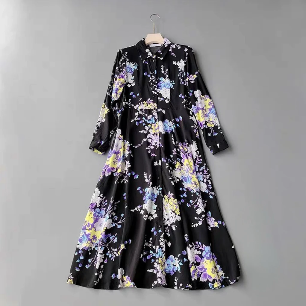 L'abito camicia a maniche lunghe slim fit con risvolto stampato retrò europeo, americano e spagnolo scende una vestibilità snellente e ampia per le donne