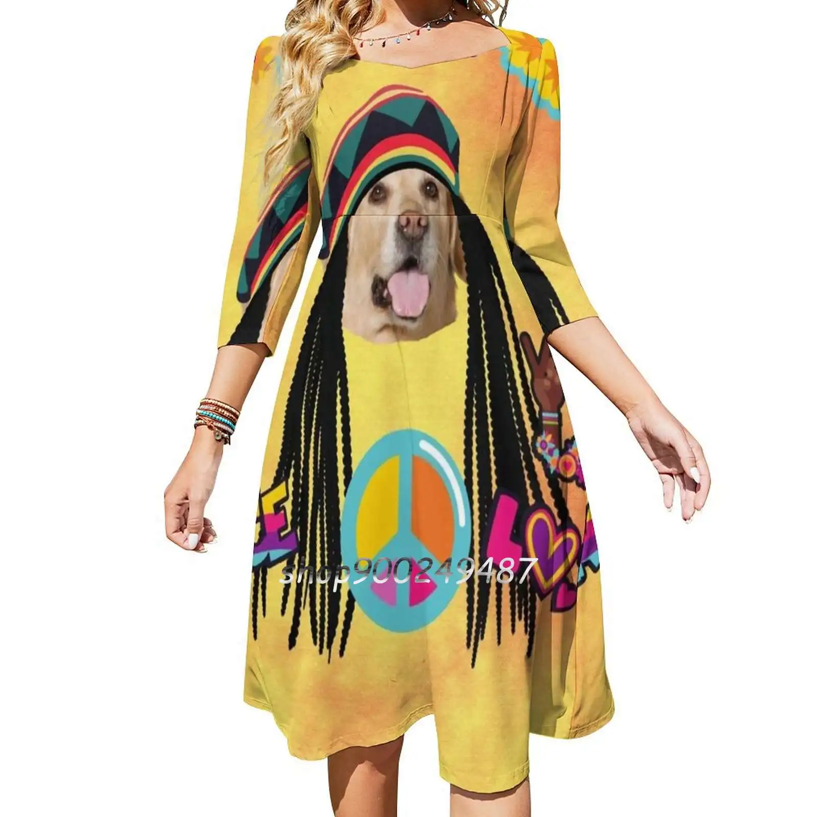 Hippie Jamaica Dog Sweet Elegant Dress Women Korean Kawaii Square Collar Dress Hippie Jamaica Hippie Dog Bob Marlin Animal Cute