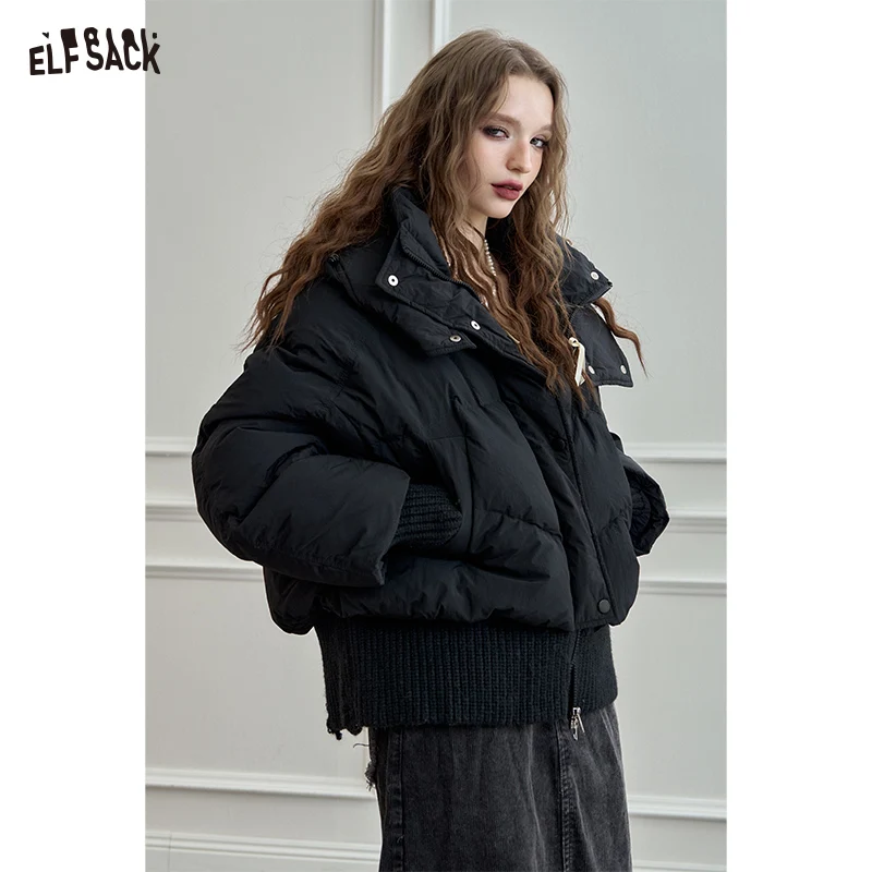 ELFSACK 2024 Autumn New Arrivals New Knit Spliced Hooded Down Jacket for Women Short Puffer Coat for Petite Figures