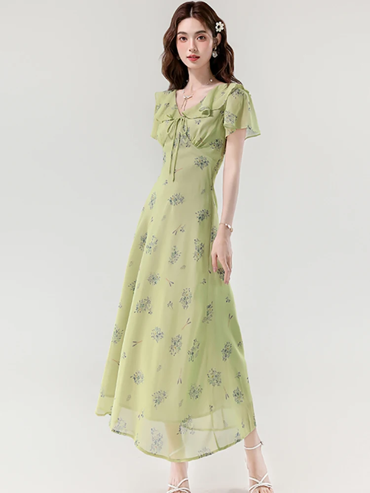Feminino verde floral chiffon chique arco babados colarinho vestido longo verão boho elegante vestido de férias 2025 coreano bodycon vestido de festa